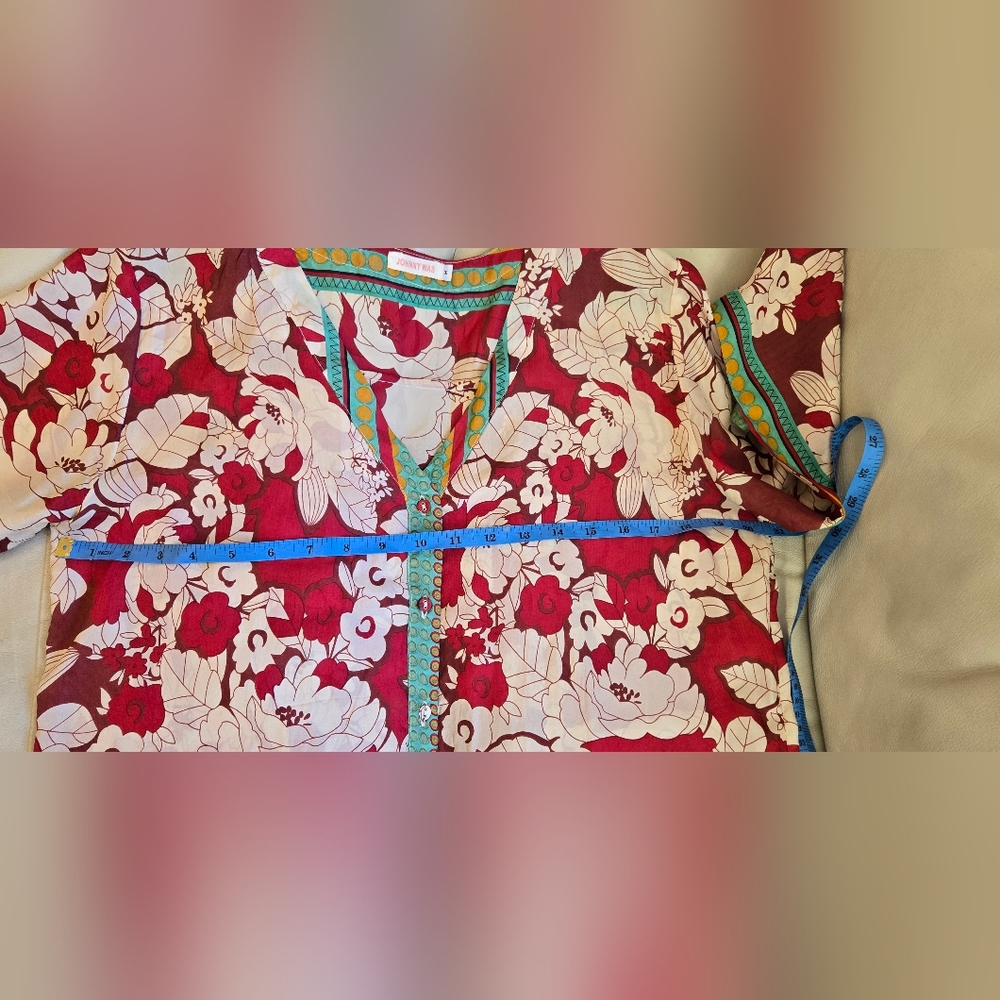 Johnny Was Red Floral Silk Blouse with Cream Print and Green Trim - Picture 9 of 11